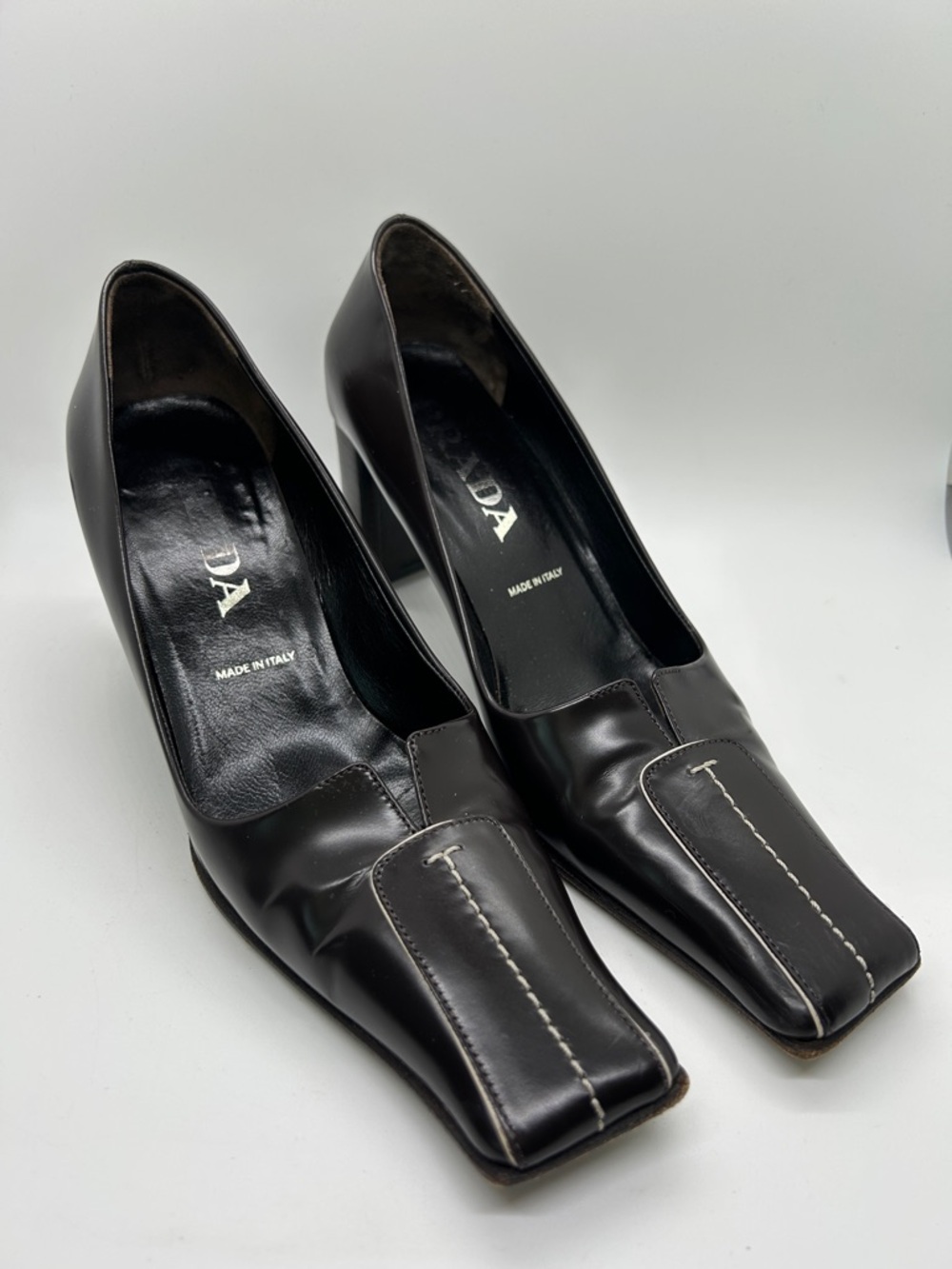 Prada Brown Leather Calzature Donna Square Toe Block Heel Pumps Shoes *Sz 35.5*
